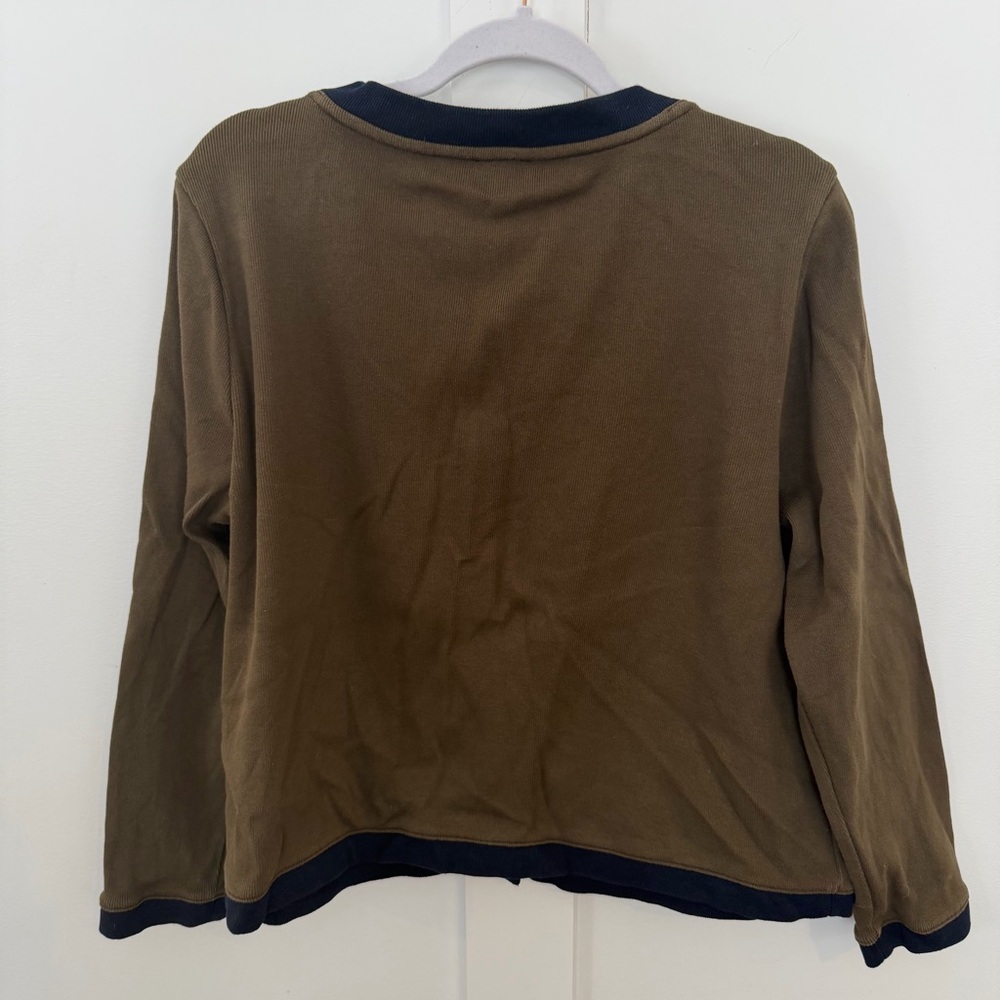 Talbots Cardigan Sweater Gold Button Olive Green Navy Trim 100% Cotton Preppy XL - Picture 5 of 7